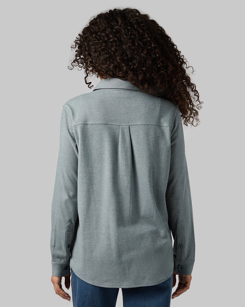 32 Degrees Space Green Grey Heather _ Women's soft stretch Knit Long sleeve Button-Up {model: Gabrielle is 5'8"and size 4 wearing size S}{bottom}{right} {bottom}{right}