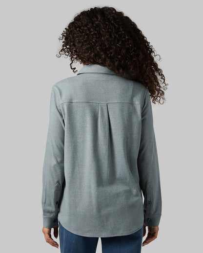 32 Degrees Space Green Grey Heather _ Women's soft stretch Knit Long sleeve Button-Up {model: Gabrielle is 5'8"and size 4 wearing size S}{bottom}{right} {bottom}{right}