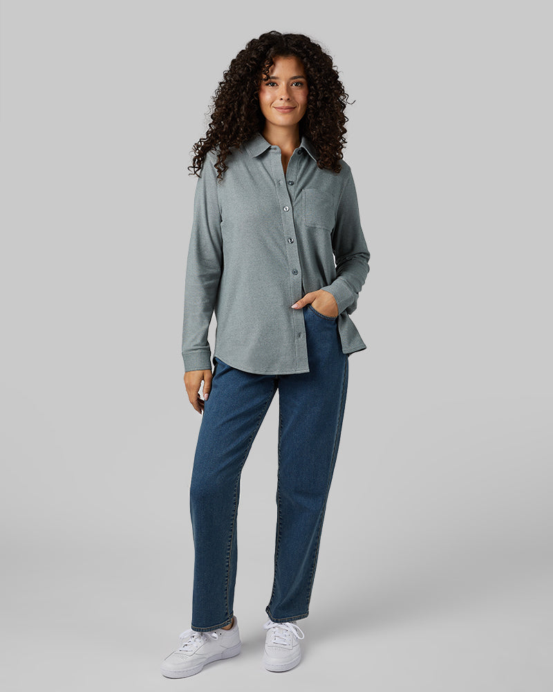 32 Degrees Space Green Grey Heather _ Women's soft stretch Knit Long sleeve Button-Up {model: Gabrielle is 5'8"and size 4 wearing size S}{bottom}{right} {bottom}{right}