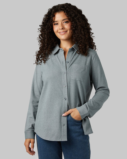 32 Degrees Space Green Grey Heather _ Women's soft stretch Knit Long sleeve Button-Up {model: Gabrielle is 5'8"and size 4 wearing size S}{bottom}{right} {bottom}{right}