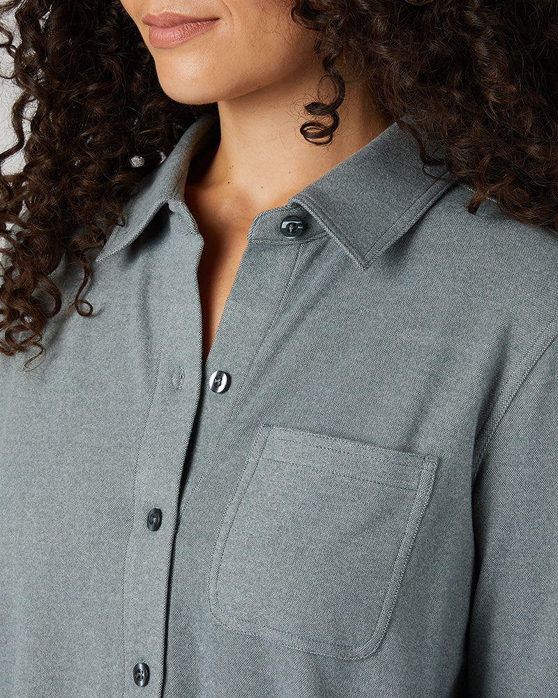 32 Degrees Space Green Grey Heather _ Women's soft stretch Knit Long sleeve Button-Up {model: Gabrielle is 5'8"and size 4 wearing size S}{bottom}{right} {bottom}{right}