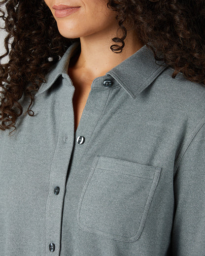 32 Degrees Space Green Grey Heather _ Women's soft stretch Knit Long sleeve Button-Up {model: Gabrielle is 5'8"and size 4 wearing size S}{bottom}{right} {bottom}{right}