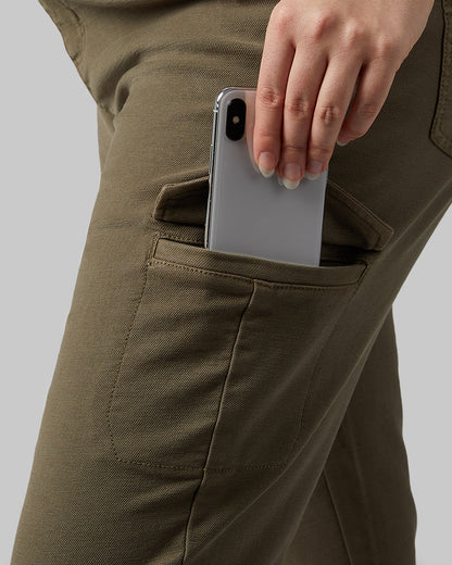 32 Degrees Dark Olive _ Women's stretch Comfort Terry Cargo Jean {model: Kristen is 5'7"and size 14 wearing size L}{bottom}{right} {bottom}{right}
