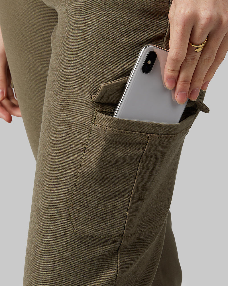 32 Degrees Dark Olive _ Women's stretch Comfort Terry Cargo Jean {model: Izzy is 5'9"and size 4 wearing size S}{bottom}{right} {bottom}{right}