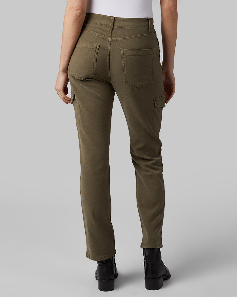 32 Degrees Dark Olive _ Women's stretch Comfort Terry Cargo Jean {model: Izzy is 5'9"and size 4 wearing size S}{bottom}{right} {bottom}{right}