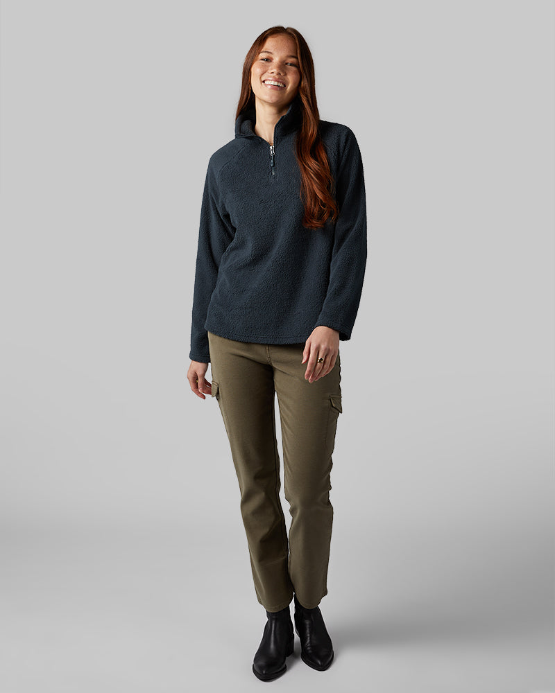 32 Degrees Dark Olive _ Women's stretch Comfort Terry Cargo Jean {model: Izzy is 5'9"and size 4 wearing size S}{bottom}{right} {bottom}{right}
