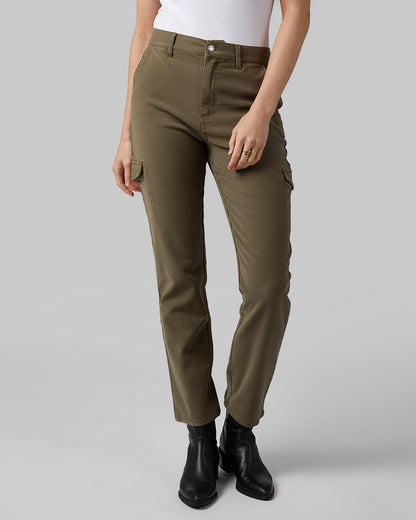 32 Degrees Dark Olive _ Women's stretch Comfort Terry Cargo Jean {model: Izzy is 5'9"and size 4 wearing size S}{bottom}{right} {bottom}{right}