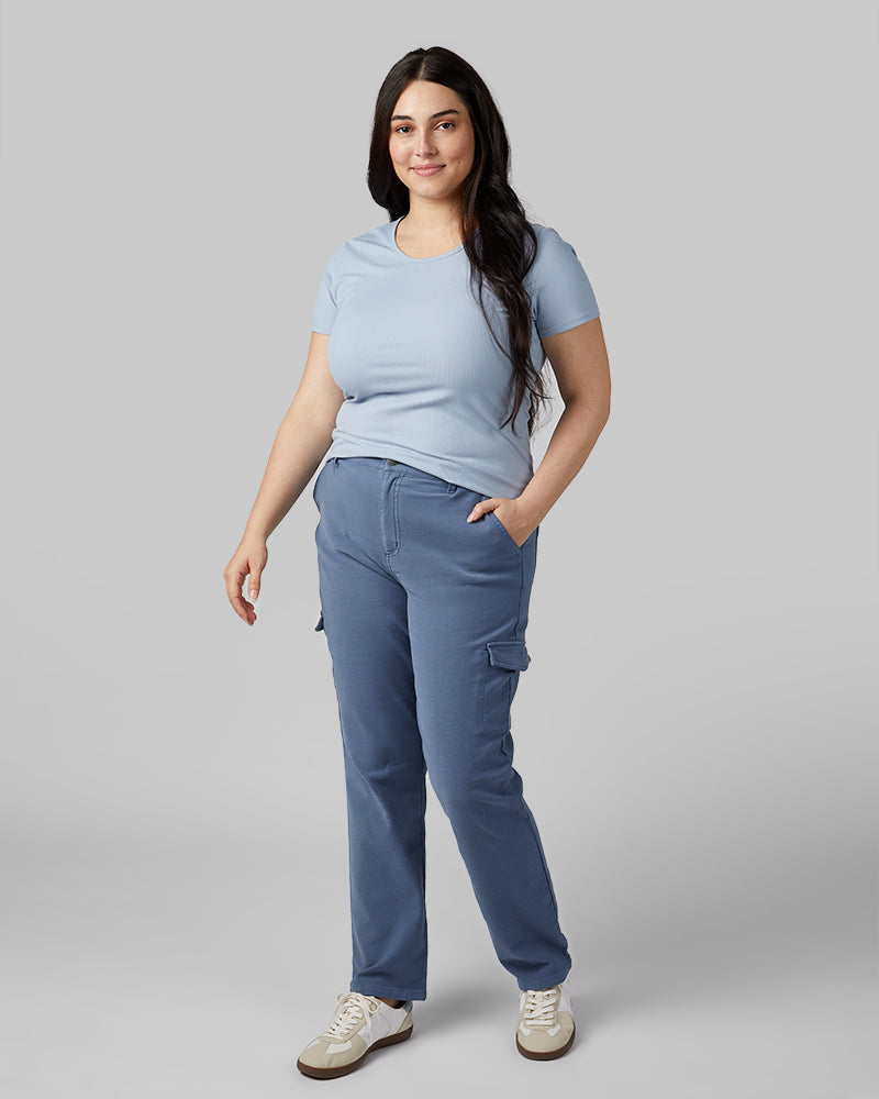 32 Degrees Vintage Indigo _ Women's stretch Comfort Terry Cargo Jean {model: Kristen is 5'7"and size 14 wearing size L}{bottom}{right} {bottom}{right}