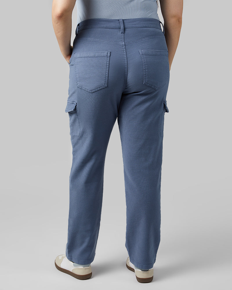 32 Degrees Vintage Indigo _ Women's stretch Comfort Terry Cargo Jean {model: Kristen is 5'7"and size 14 wearing size L}{bottom}{right} {bottom}{right}