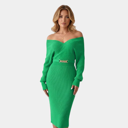 Viena | Women’s Ribbed V-Neck Bodycon Midi Dress