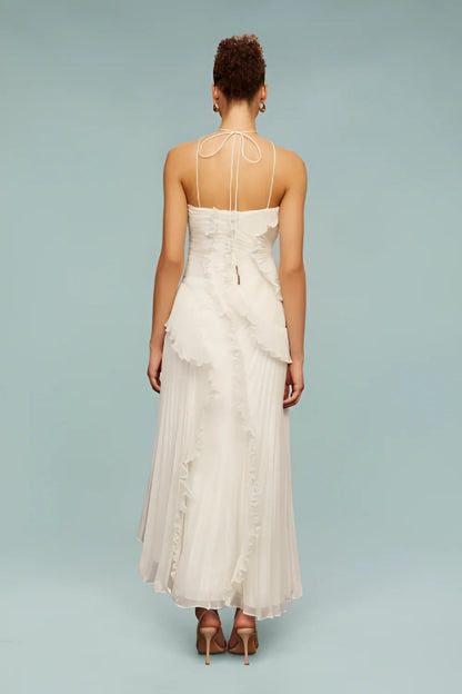Amanda | Pleated Asymmetrical Halter Maxi Dress