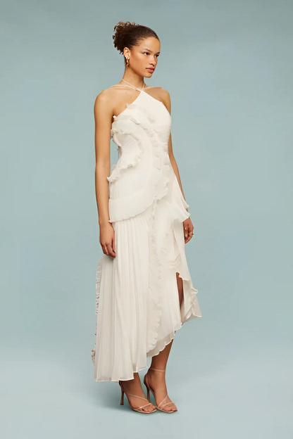 Amanda | Pleated Asymmetrical Halter Maxi Dress