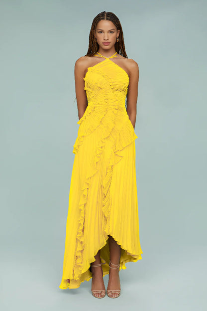 Amanda | Pleated Asymmetrical Halter Maxi Dress